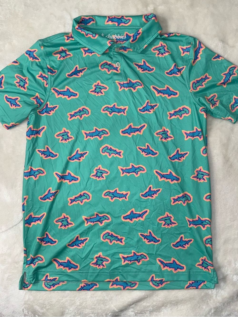 chubbies Teal Polo with Blue and Pink Shark Print Sz Large